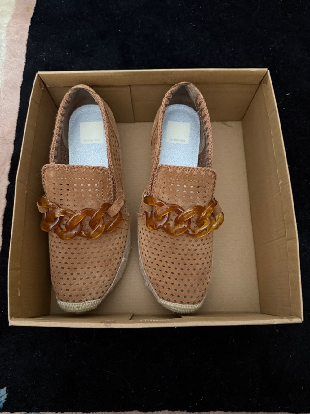 Dolce Vita Tan Perforated Espadrille Loafers with Amber Chain